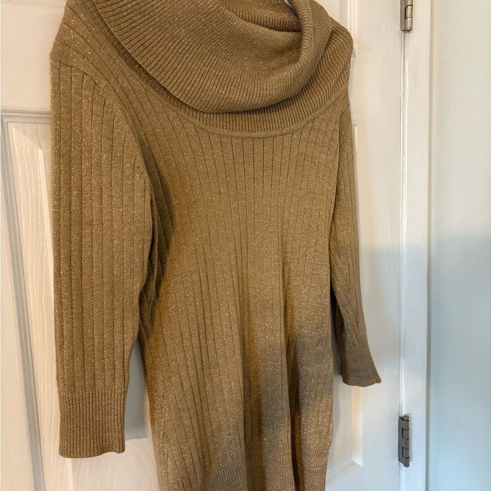 Cowl Neck Metallic Ribbed Tunic Sweater Top Camel Quiet Luxury M - Picture 3 of 7